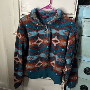Teal and Orange Patterned Women Sweatshirt Cropped